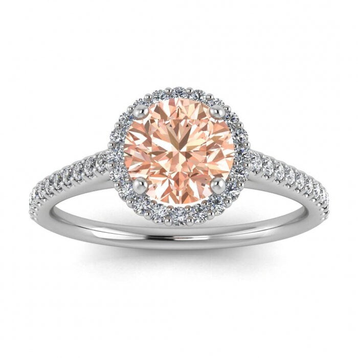 14k Rose Gold Lindo Paved Band Morganite And Diamond Halo Ring (1/4 Ct. Tw.); Open V Shaped Gallery, Basket Halo, Paved Band