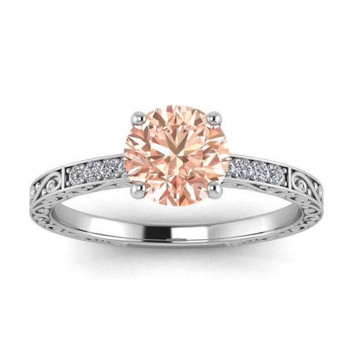 14k Rose Gold Elspeth Micropave Engraved Morganite And Diamond Engagement Ring, Basket Prongs Setting, Shared Prongs Pave, Hand Engraved