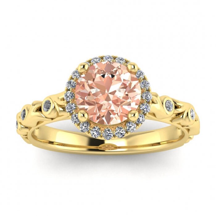 14k Rose Gold Lo Morganite And Diamond Halo Engagement Ring (1/5 Ct. Tw.); Floral Vintage Design, Halo, Cathedral Setting