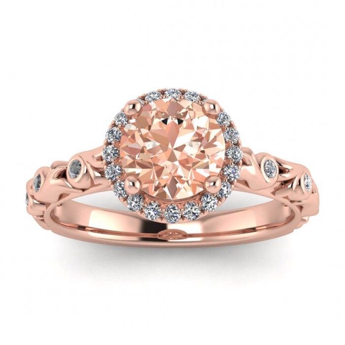 14k Rose Gold Lo Morganite And Diamond Halo Engagement Ring (1/5 Ct. Tw.); Floral Vintage Design, Halo, Cathedral Setting