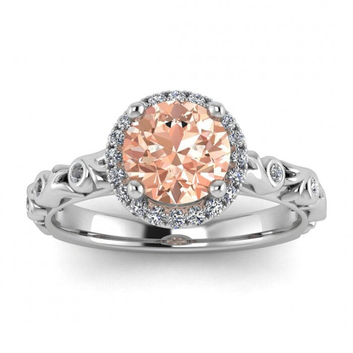 14k Rose Gold Lo Morganite And Diamond Halo Engagement Ring (1/5 Ct. Tw.); Floral Vintage Design, Halo, Cathedral Setting