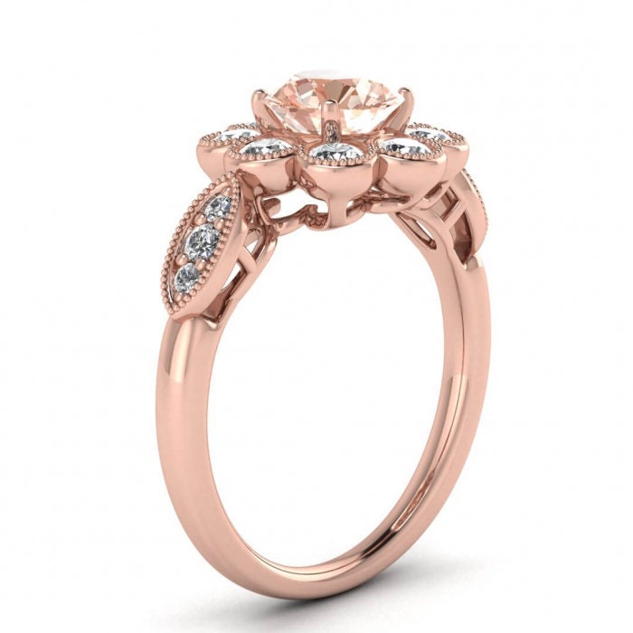 14k Rose Gold Flower Flower Morganite And Diamond Ring, Floating Gallery, Milgrain, Flower Shaped Bezel Halo, Gemstone Set Shoulders