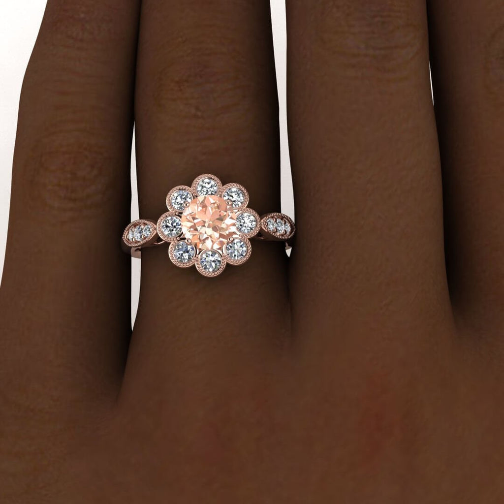 14k Rose Gold Flower Flower Morganite And Diamond Ring, Floating Gallery, Milgrain, Flower Shaped Bezel Halo, Gemstone Set Shoulders