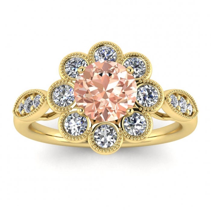 14k Rose Gold Flower Flower Morganite And Diamond Ring, Floating Gallery, Milgrain, Flower Shaped Bezel Halo, Gemstone Set Shoulders