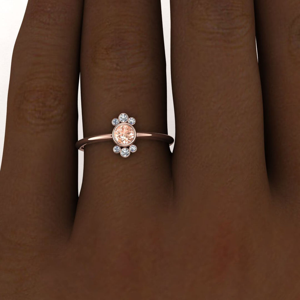 14k Rose Gold Mabel Boho Morganite And Diamond Ring; Delicate Rounded Band,bezel Set Center Gem , Surrounding Bezel Set Gemstone Clusters