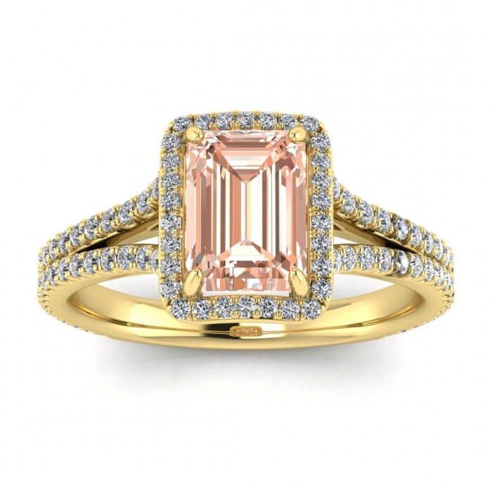 14k Rose Gold Maeva Emerald Cut Morganite And Diamond Halo Ring (1/2 Ct. Tw.); Gemstone Encrusted, Emerald Shape Halo, Adorned Profile