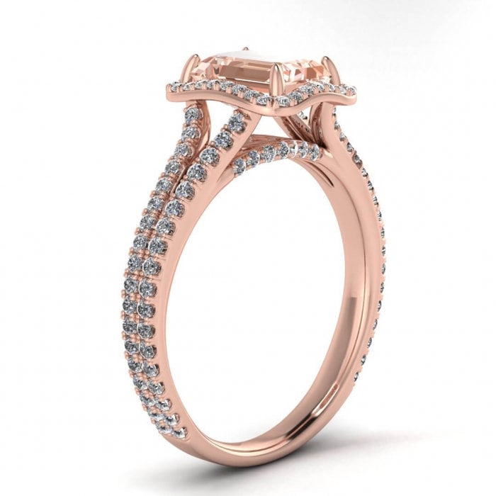 14k Rose Gold Maeva Emerald Cut Morganite And Diamond Halo Ring (1/2 Ct. Tw.); Gemstone Encrusted, Emerald Shape Halo, Adorned Profile