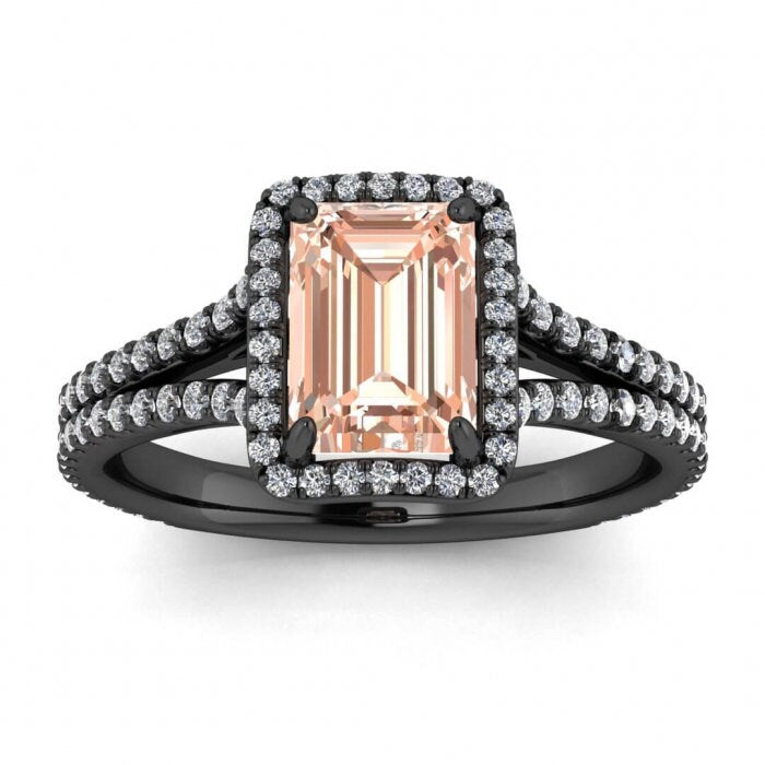 14k Rose Gold Maeva Emerald Cut Morganite And Diamond Halo Ring (1/2 Ct. Tw.); Gemstone Encrusted, Emerald Shape Halo, Adorned Profile