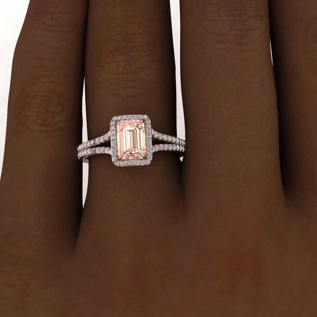 14k Rose Gold Maeva Emerald Cut Morganite And Diamond Halo Ring (1/2 Ct. Tw.); Gemstone Encrusted, Emerald Shape Halo, Adorned Profile