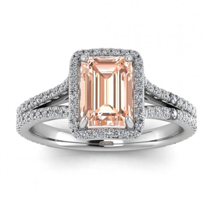 14k Rose Gold Maeva Emerald Cut Morganite And Diamond Halo Ring (1/2 Ct. Tw.); Gemstone Encrusted, Emerald Shape Halo, Adorned Profile