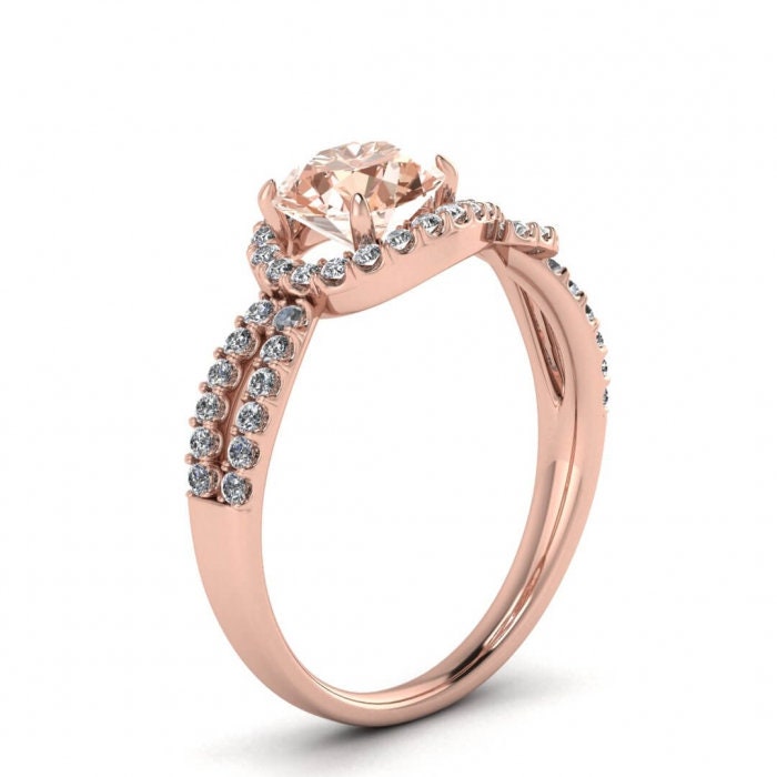 14k Rose Gold Maia Unique Halo Morganite And Diamond Ring (1/3 Ct. Tw.); Infinite Love Knot Pave, Shared Prongs Pave, Unique Halo Design