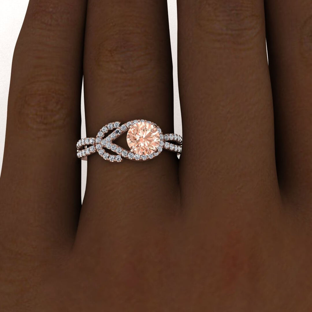 14k Rose Gold Maia Unique Halo Morganite And Diamond Ring (1/3 Ct. Tw.); Infinite Love Knot Pave, Shared Prongs Pave, Unique Halo Design