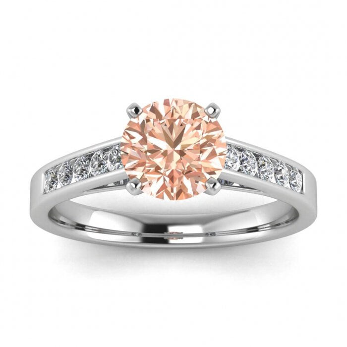 14k Rose Gold Henley Open Channel Morganite And Diamond Engagement Ring, Floating Channel Ring, Bridged Band, Prongs Setting