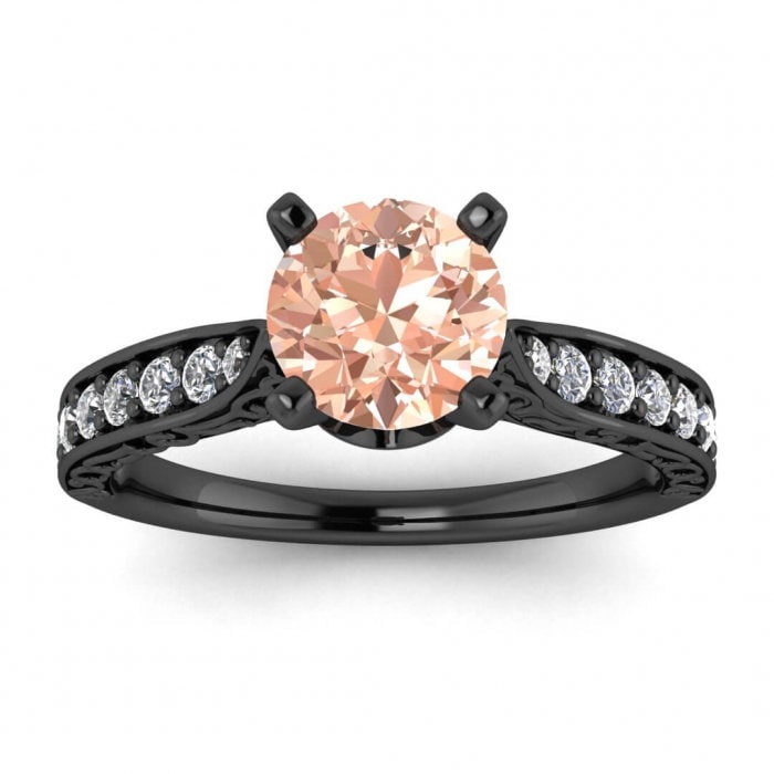 14k Rose Gold Mila Antique Style Morganite And Diamond Ring (1/3 Ct. Tw.); Tapered Cathedral Prong Setting, Hidden Gemstones, Hand Engraved