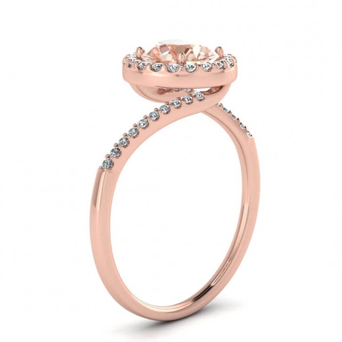 14k Rose Gold Swirl Petite Halo Morganite And Diamond Ring, Shared Prong Pave, Unique Halo, Petite Band, Delicate Band, Paved Band