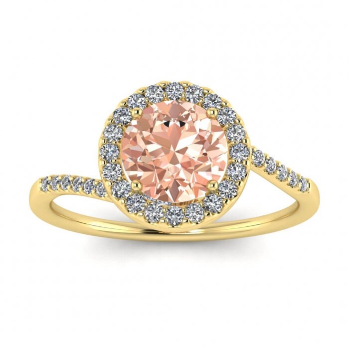 14k Rose Gold Swirl Petite Halo Morganite And Diamond Ring, Shared Prong Pave, Unique Halo, Petite Band, Delicate Band, Paved Band