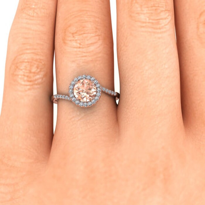 14k Rose Gold Swirl Petite Halo Morganite And Diamond Ring, Shared Prong Pave, Unique Halo, Petite Band, Delicate Band, Paved Band