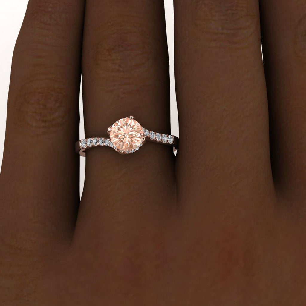 14k Rose Gold Swirly Petite Pave Morganite And Diamond Ring, Petite Pave, Unique, Gemstone Encrusted Gallery And Prongs