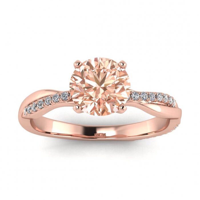 14k Rose Gold Tal Intertwined Double Band Morganite And Diamond Ring, Delicate Double Band, Scalloped Pave, Prongs Setting