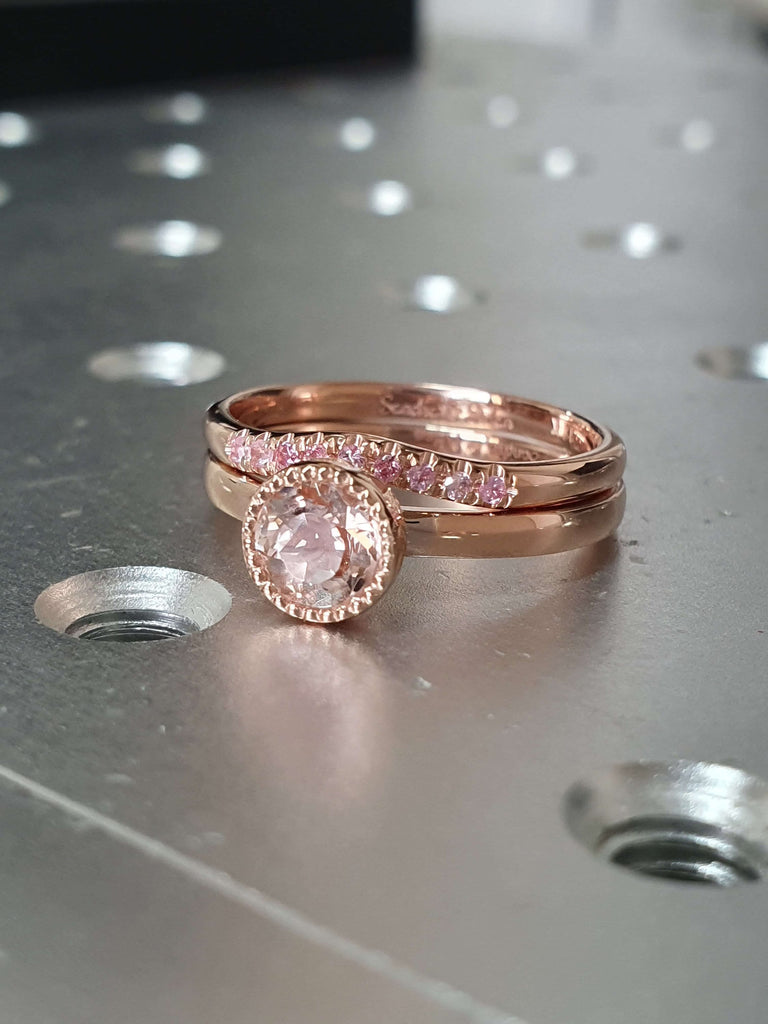 14K Gold 5MM Morganite Bridal Set Rose Gold Morganite Engagement ring Set Peach Pink Sapphire Ring Set for Women Princess Ring