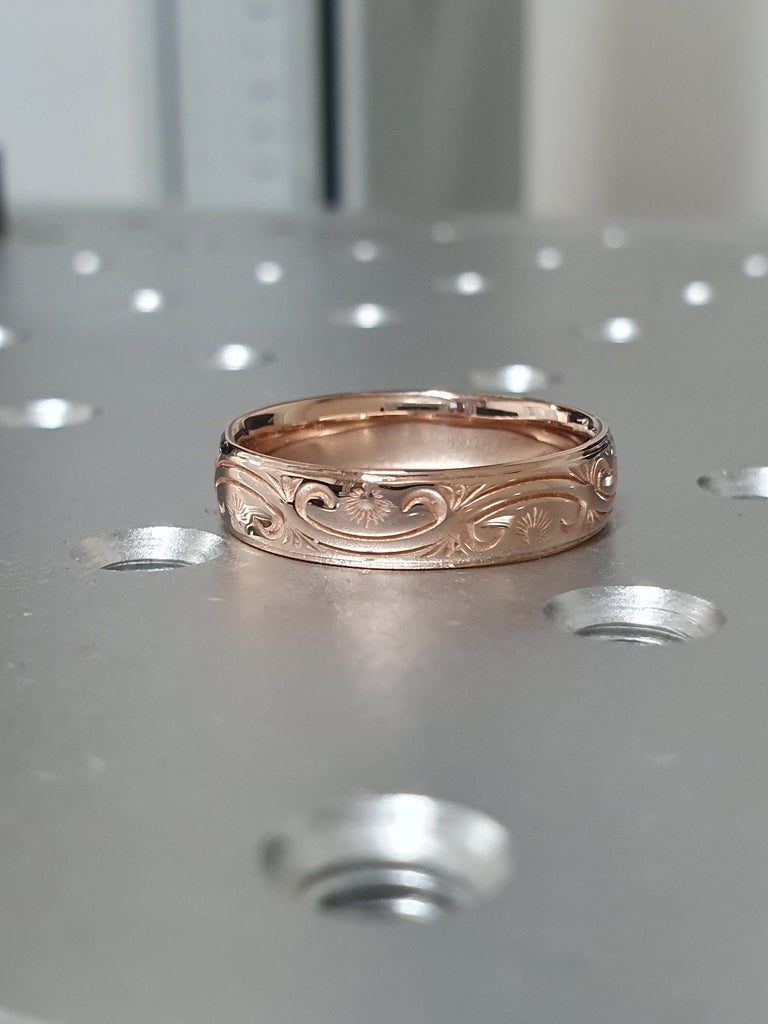 Paisley 14K 18K Solid Rose Gold Wedding Ring for Men & Women, Rose Gold Mens Wedding Band, Hand Engraved Mens Wedding Ring, Engraved Rings