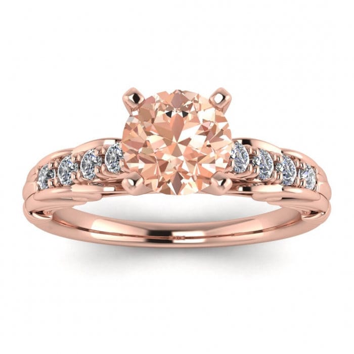 14k Rose Gold Tay Vintage Style Morganite And Diamond Ring, Blooming Shoulders, Tapered Bottom With Wraps, Pave Set Accents, High Profile