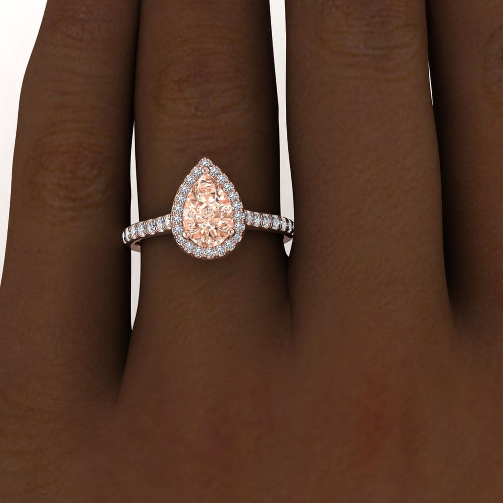 14k Rose Gold Tear Of Joy Pear Halo Pear Morganite And Diamond Ring, Scalloped Pave Accents, Bridged Gallery, Pear Shaped Halo