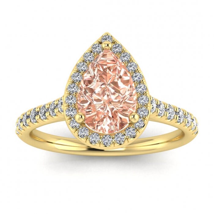 14k Rose Gold Tear Of Joy Pear Halo Pear Morganite And Diamond Ring, Scalloped Pave Accents, Bridged Gallery, Pear Shaped Halo