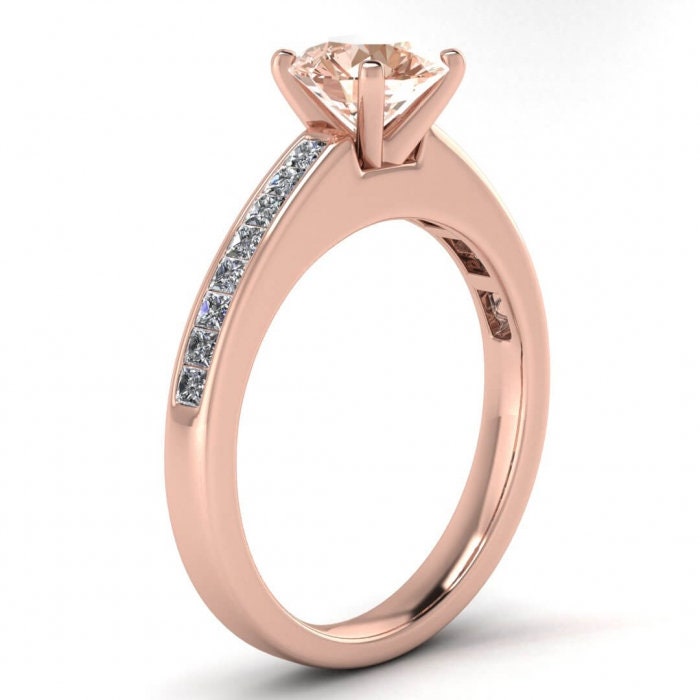 14k Rose Gold Tempest Morganite And Diamond Princess Cut Channel Engagement Ring, Princess Cut Channel, High Profile Prongs