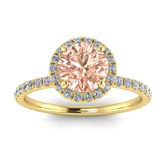 14k Rose Gold Mirabel Thin Band Halo Morganite And Diamond Ring (2/5 Ct. Tw.); Thin Band, Paved Gemstones, Paved Gallery, Paved Halo