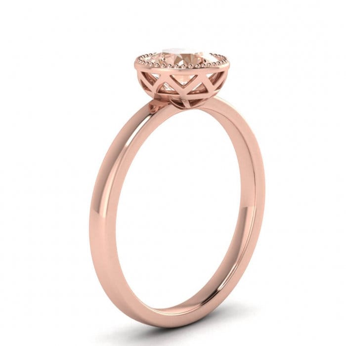 14k Rose Gold Nyla Round Bezel Morganite Ring; Unique Basket Gallery, Milgrained Bezel