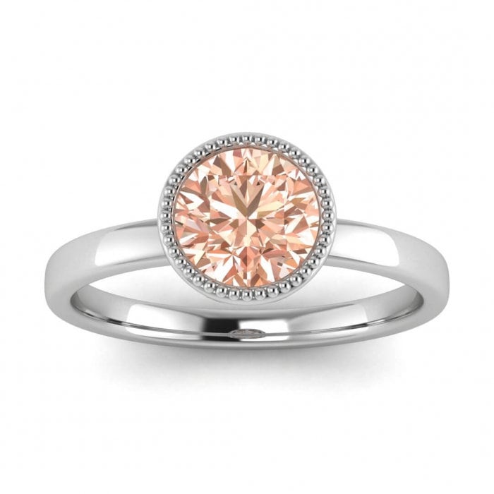 14k Rose Gold Nyla Round Bezel Morganite Ring; Unique Basket Gallery, Milgrained Bezel