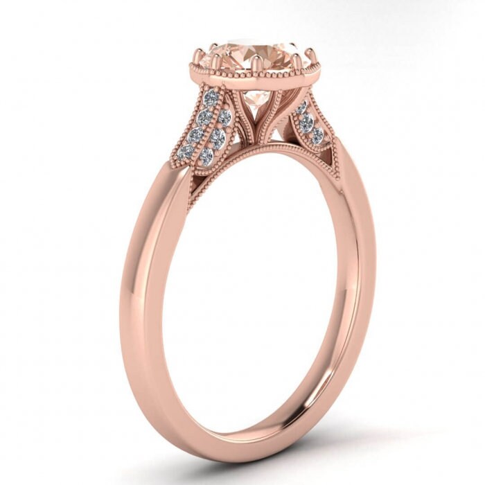 14k Rose Gold Octagon Milgrain Morganite And Diamond Ring (1/10 Ct. Tw.); Milgrain,adorned Setting,pave Setting, Octagon Center Setting