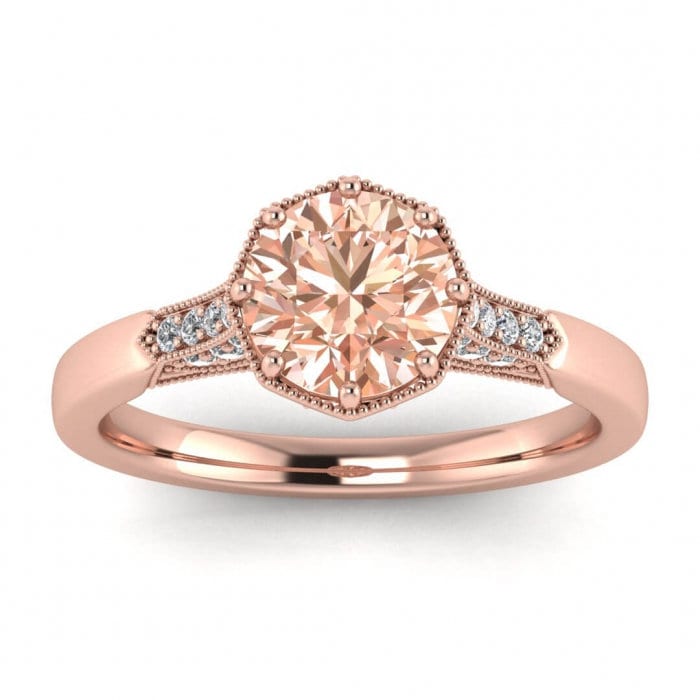 14k Rose Gold Octagon Milgrain Morganite And Diamond Ring (1/10 Ct. Tw.); Milgrain,adorned Setting,pave Setting, Octagon Center Setting