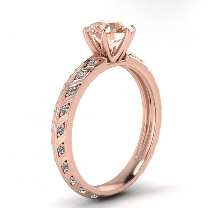 14k Rose Gold Violette Unique Knife Edge Morganite And Diamond Ring, Prongs Setting, Channel Pave Accents, Engraved