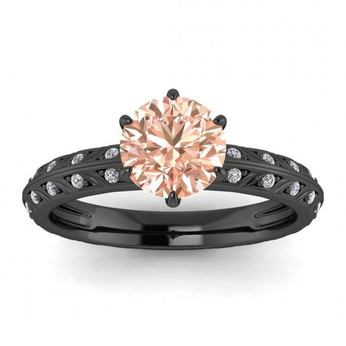 14k Rose Gold Violette Unique Knife Edge Morganite And Diamond Ring, Prongs Setting, Channel Pave Accents, Engraved