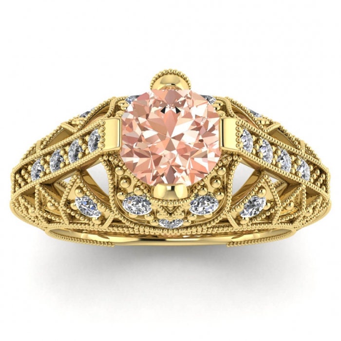 14k Rose Gold Willa Filigree Morganite And Diamond Ring, Intricate Milgrained Gallery, Hidden Gemstones, Hand Engraved Band, Pave Gemstone