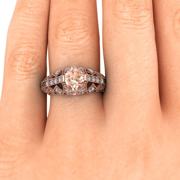 14k Rose Gold Willa Antique Morganite And Diamond Engagement Ring, Intricate Milgrained Gallery, Hidden Gemstones