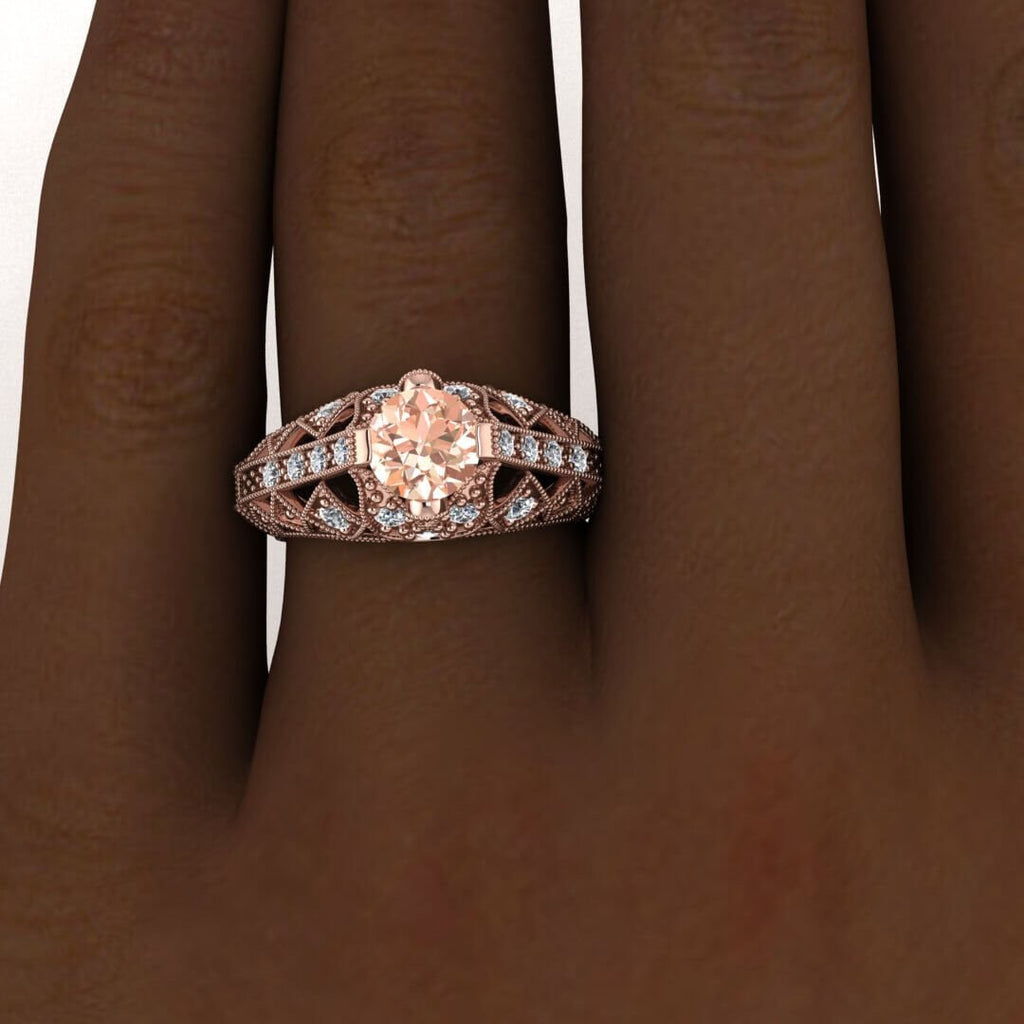 14k Rose Gold Willa Antique Morganite And Diamond Engagement Ring, Intricate Milgrained Gallery, Hidden Gemstones