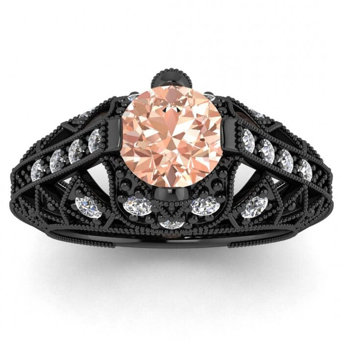 14k Rose Gold Willa Antique Morganite And Diamond Engagement Ring, Intricate Milgrained Gallery, Hidden Gemstones