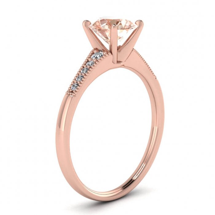 14k Rose Gold Zora Tapered Morganite And Diamond Ring, Tapered Gemstones, Milgrain, High Profile Prongs Setting