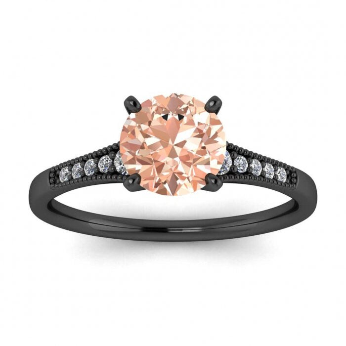 14k Rose Gold Zora Tapered Morganite And Diamond Ring, Tapered Gemstones, Milgrain, High Profile Prongs Setting