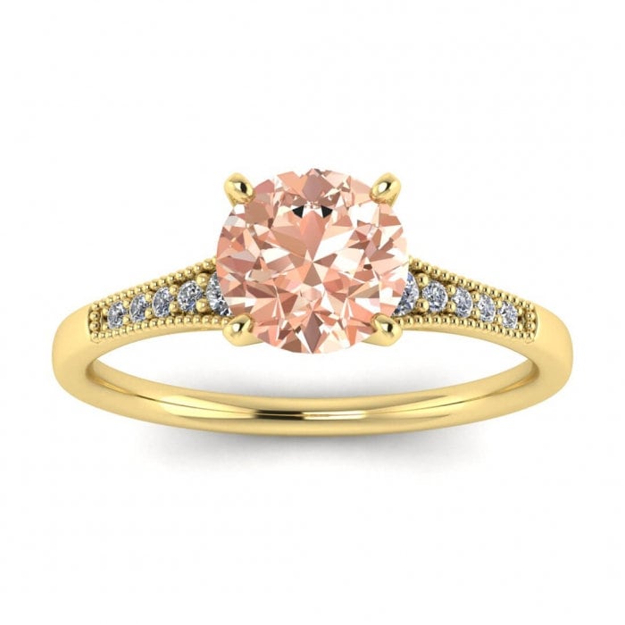 14k Rose Gold Zora Tapered Morganite And Diamond Ring, Tapered Gemstones, Milgrain, High Profile Prongs Setting