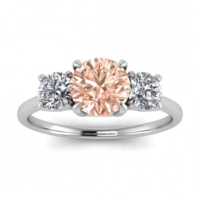 14k Rose Gold Ovy Thin Band Three Stone Morganite And Diamond Ring (1/2 Ct. Tw.); Delicate Band, Claw Prongs, Three Stone Ring