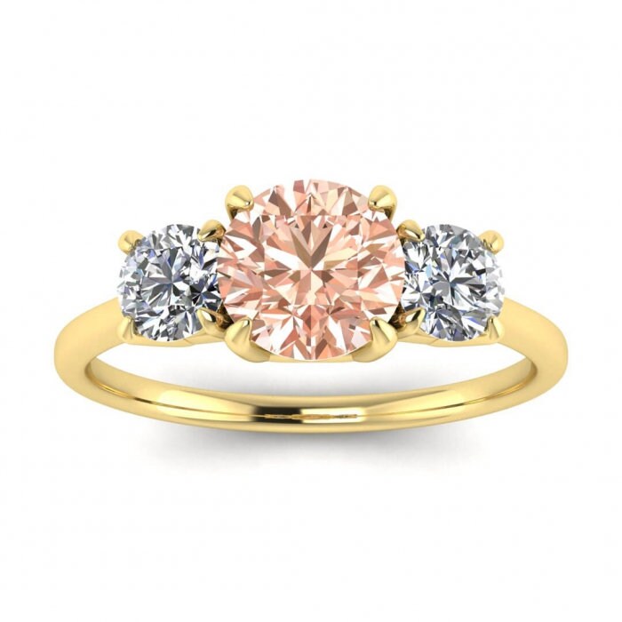 14k Rose Gold Ovy Thin Band Three Stone Morganite And Diamond Ring (1/2 Ct. Tw.); Delicate Band, Claw Prongs, Three Stone Ring