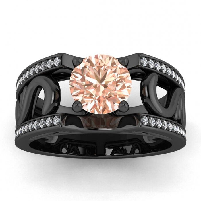 14k Rose Gold Riva Vintage Styled Wide Band Morganite And Diamond Ring (1/3 Ct. Tw.); Paved Edges, Antique Filigree,wide Band