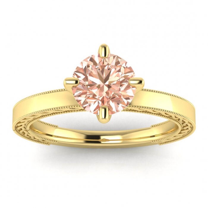 14k Rose Gold Scarlet Vintage Engraved Morganite Ring, Milgrained, Squared Band, Infinity Engraved