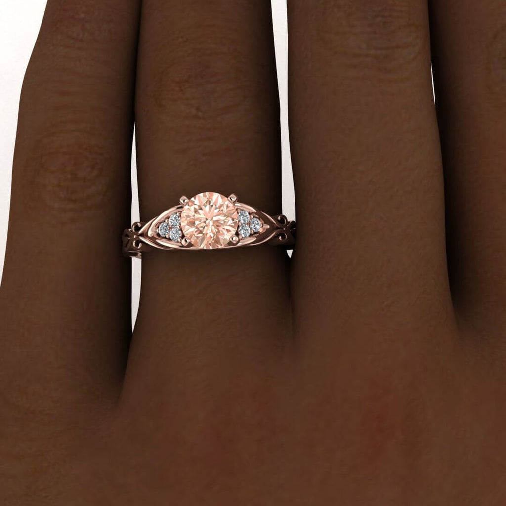 14k Rose Gold Serenity Filigree Morganite And Diamond Ring, Filigree Antique Design, Side Gemstone, Prong Set Accents, Prong Setting