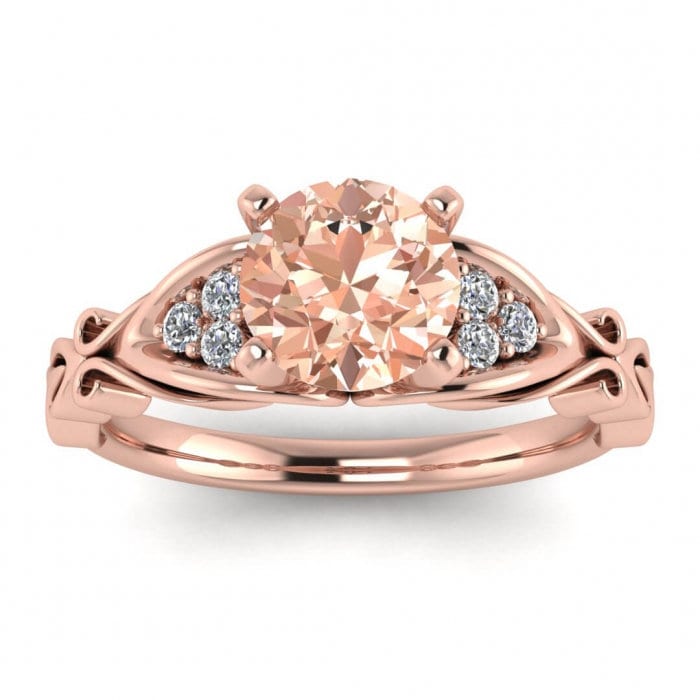 14k Rose Gold Serenity Filigree Morganite And Diamond Ring, Filigree Antique Design, Side Gemstone, Prong Set Accents, Prong Setting