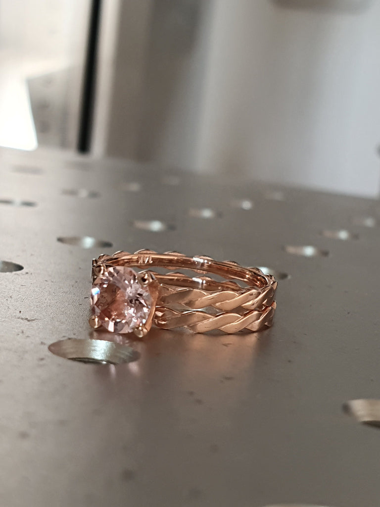 Morganite Ring Solid 14k Rose Gold Morganite Engagement Wedding Ring Matching Band Bridal Set Round Morganite Minimalist Twist Ring 2pcs Set